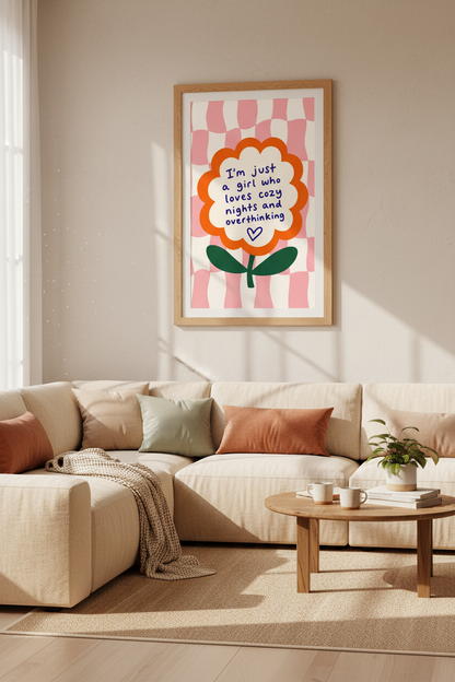 Cozy Nights Flower Art | Pink Checkered Retro Poster, Dorm &amp; Bedroom Decor