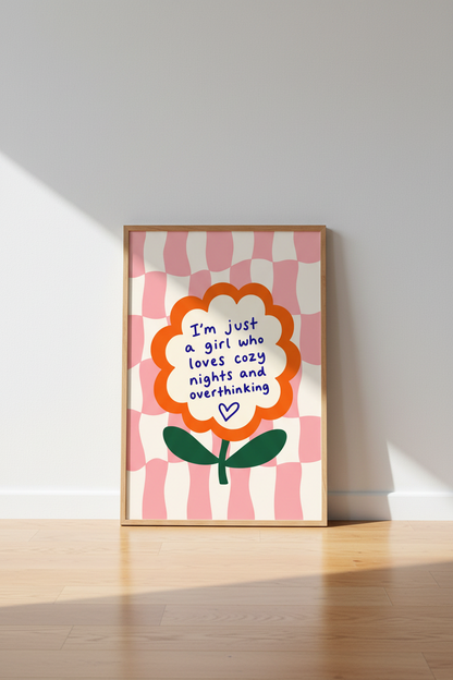 Cozy Nights Flower Art | Pink Checkered Retro Poster, Dorm &amp; Bedroom Decor