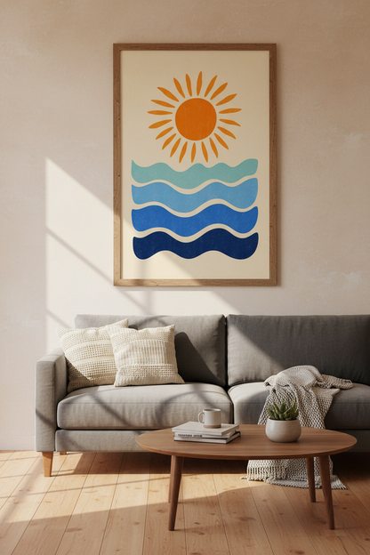Abstract Sun and Waves Wall Art | Retro Coastal Decor, Mid Century Modern Poster