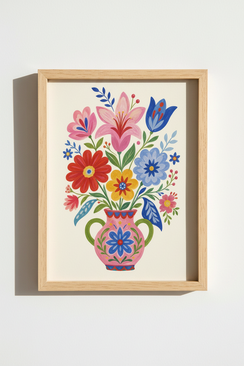 Folk Art Floral Print | Colorful Flower Bouquet, Maximalist Living Room Wall Decor
