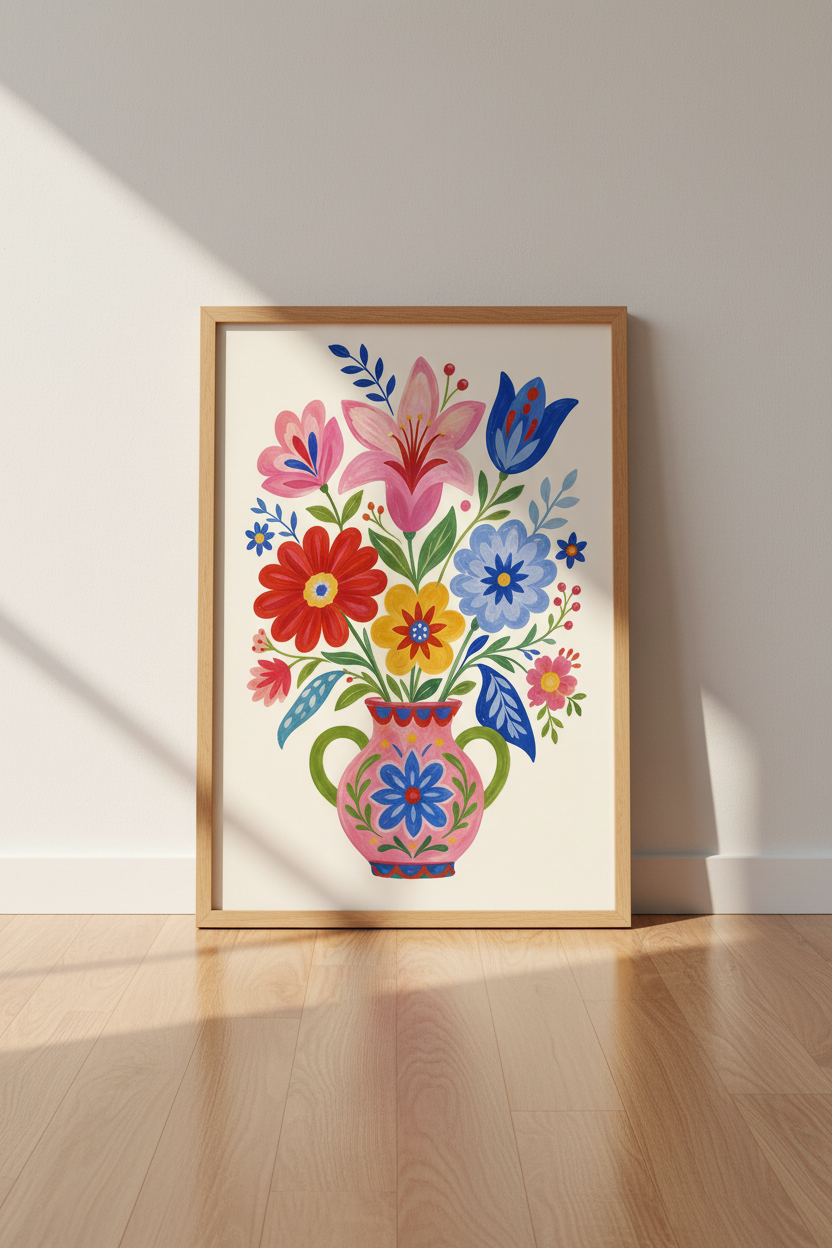 Folk Art Floral Print | Colorful Flower Bouquet, Maximalist Living Room Wall Decor