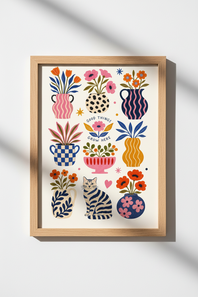 Folk Floral Cat Poster | Colorful Botanical Bloom, Whimsical Navy Pink Wall Decor