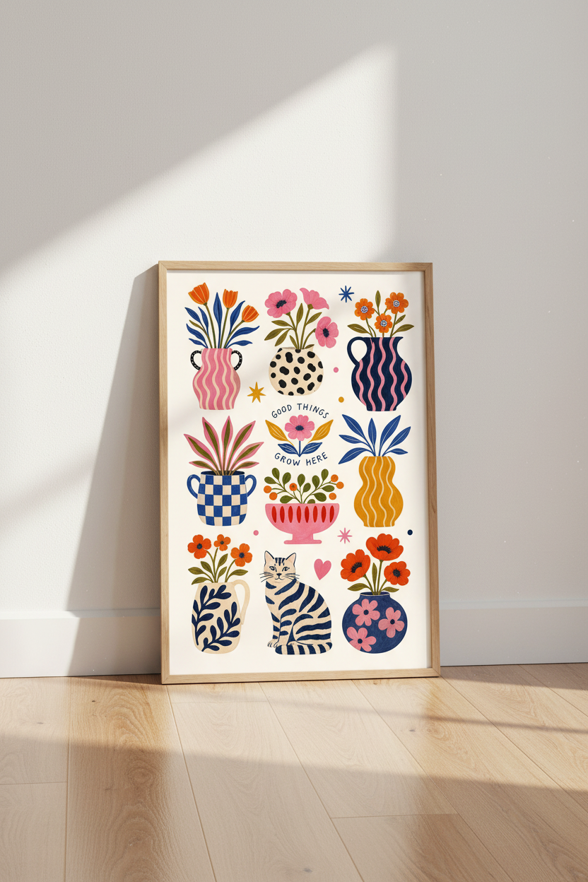 Folk Floral Cat Poster | Colorful Botanical Bloom, Whimsical Navy Pink Wall Decor