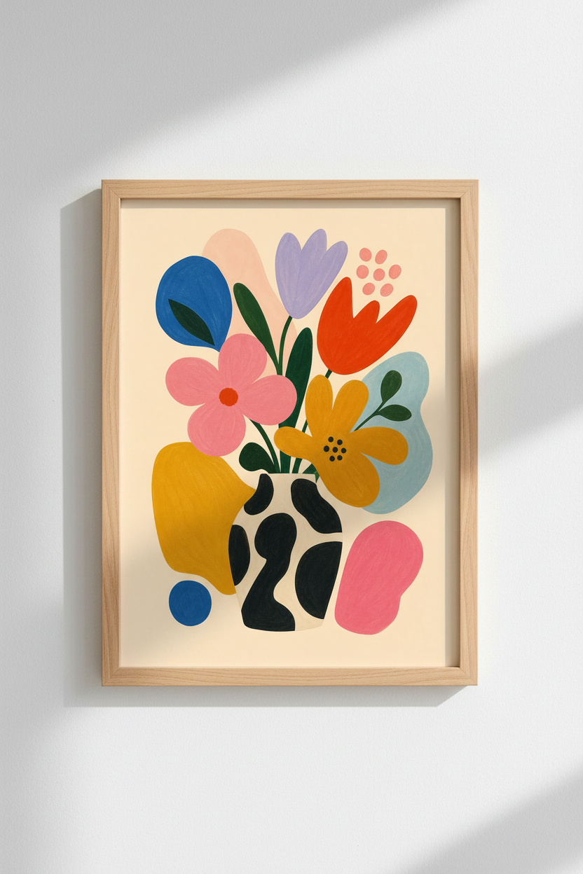 Abstract Floral Art Print | Colorful Botanical Vase Poster, Modern Retro Home Decor