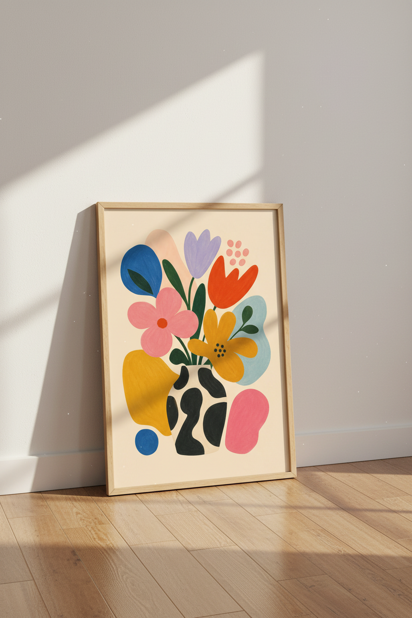 Abstract Floral Art Print | Colorful Botanical Vase Poster, Modern Retro Home Decor