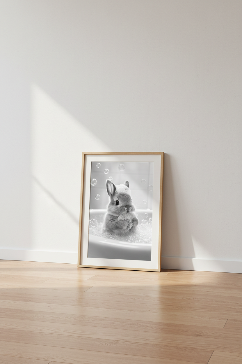 Bunny in Bathtub Wall Art | Black and White Nursery Decor | Minimalist Poster