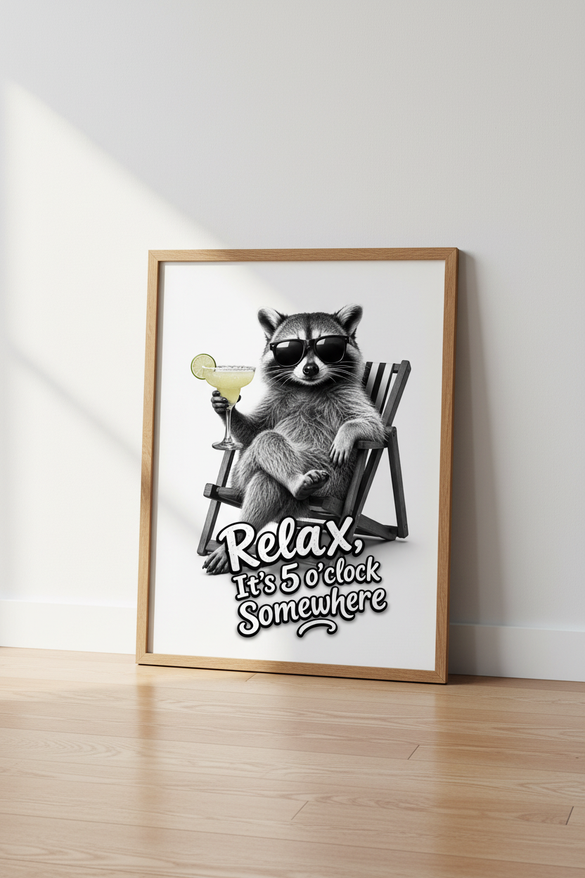 Funny Raccoon Margarita Wall Art | Home Bar Decor | 5 O&