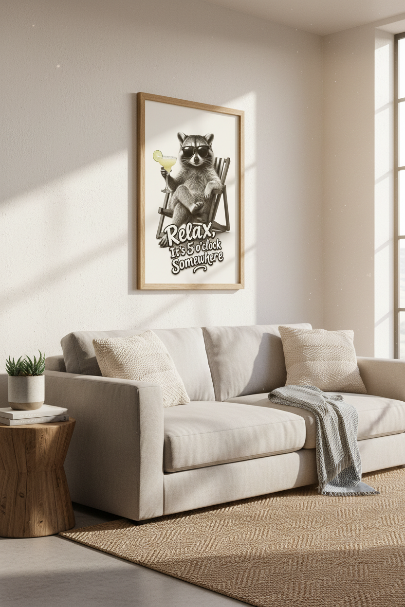 Funny Raccoon Margarita Wall Art | Home Bar Decor | 5 O&