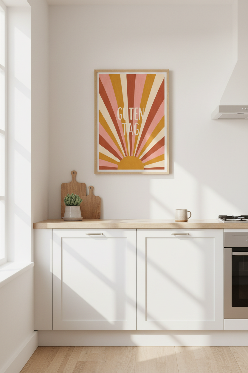 Retro Sunburst Wall Art | Guten Tag Typography, Terracotta Boho Living Room Decor