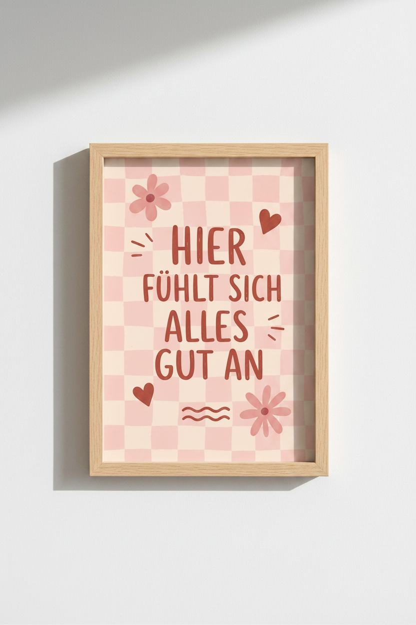 Danish Pastel Wall Art Print | Pink Checkerboard German Quote | Aesthetic Room Decor