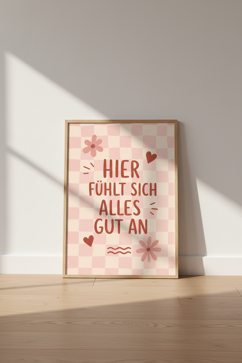 Danish Pastel Wall Art Print | Pink Checkerboard German Quote | Aesthetic Room Decor