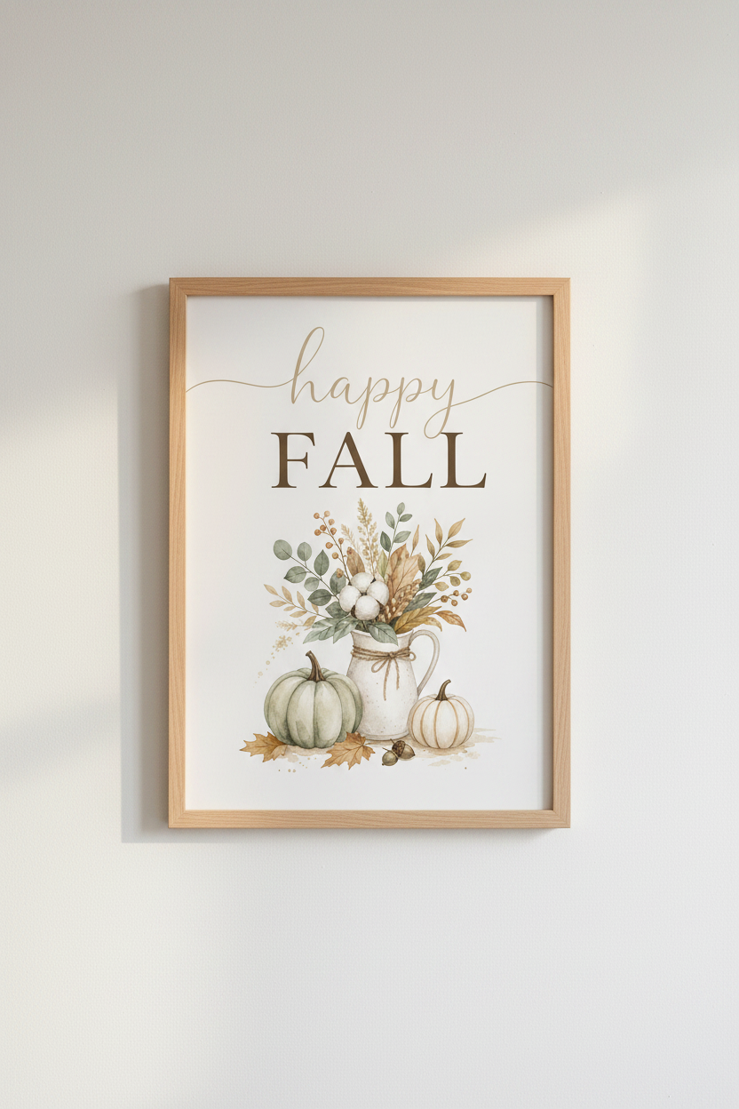 Happy Fall Pumpkins Watercolor Wall Art | Muted Sage &amp; Cream, Modern Farmhouse Decor