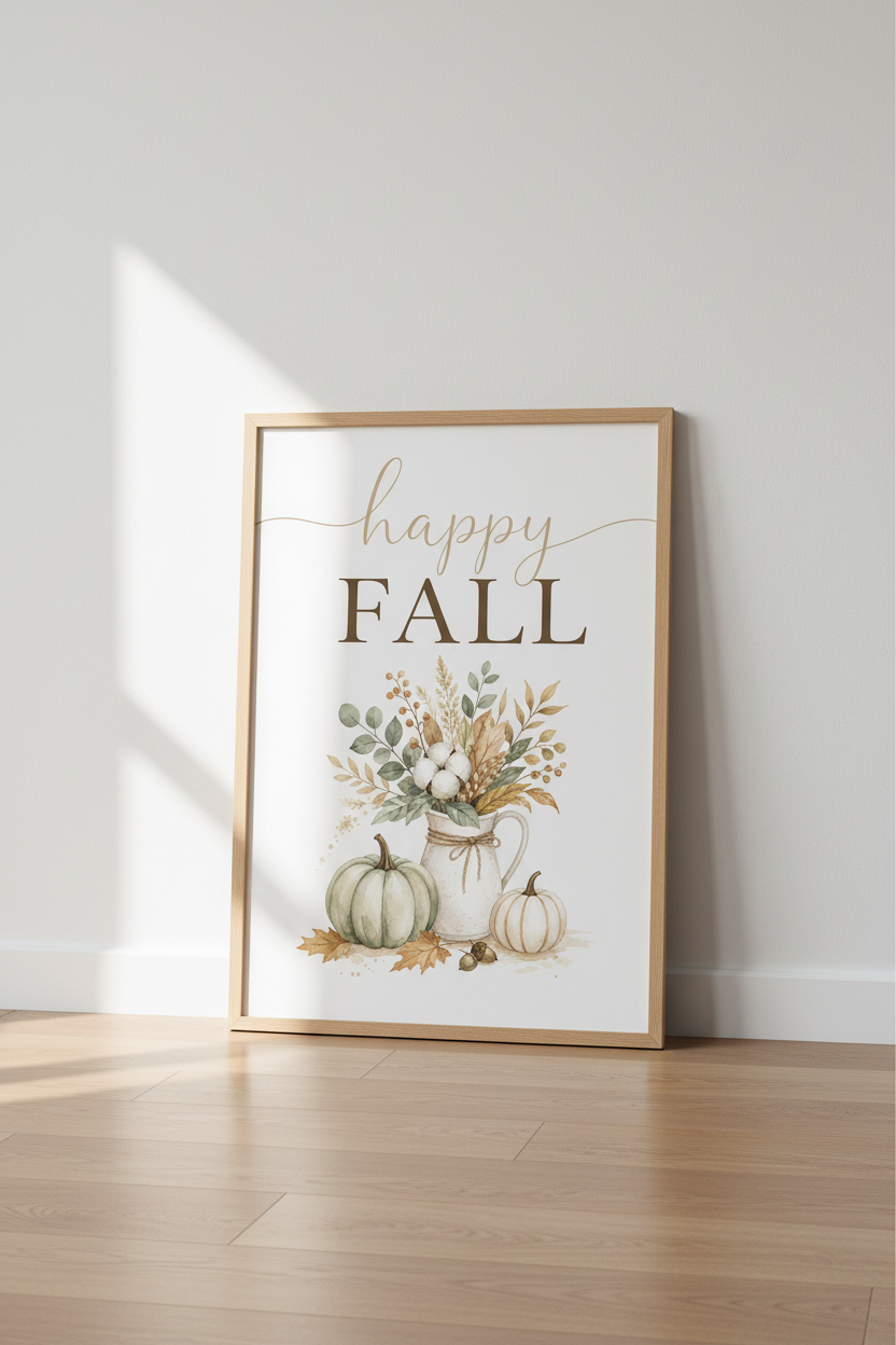 Happy Fall Pumpkins Watercolor Wall Art | Muted Sage &amp; Cream, Modern Farmhouse Decor
