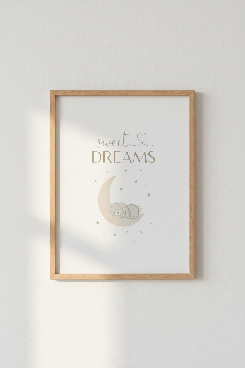 Sweet Dreams Bunny Wall Art | Neutral Nursery Decor | Sleepy Moon Poster