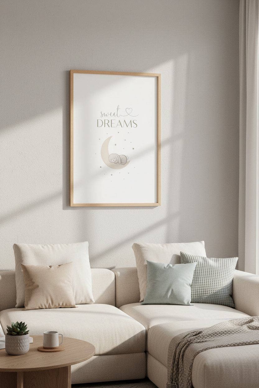 Sweet Dreams Bunny Wall Art | Neutral Nursery Decor | Sleepy Moon Poster