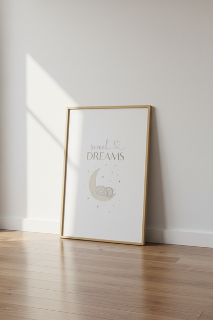 Sweet Dreams Bunny Wall Art | Neutral Nursery Decor | Sleepy Moon Poster