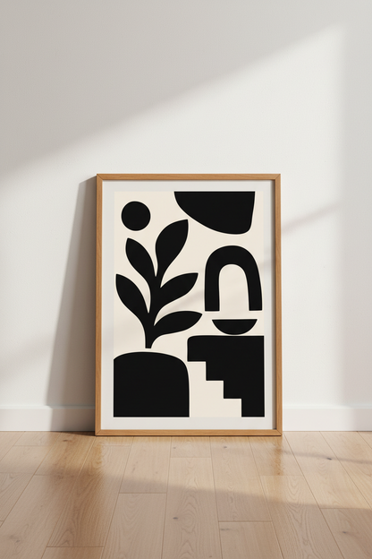 Minimalist Botanical Abstract Art | Modern Black &amp; Cream Poster, Japandi Wall Decor