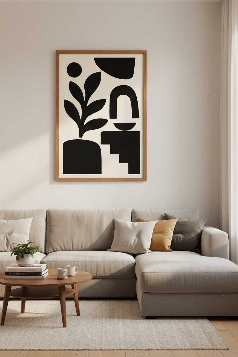 Minimalist Botanical Abstract Art | Modern Black &amp; Cream Poster, Japandi Wall Decor