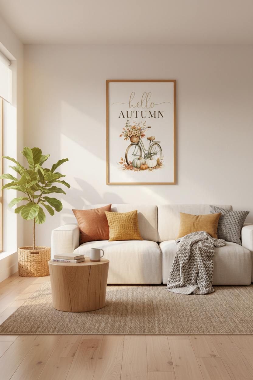 Hello Autumn Bicycle Wall Art | Fall Pumpkin Decor, Watercolor Farmhouse Poster