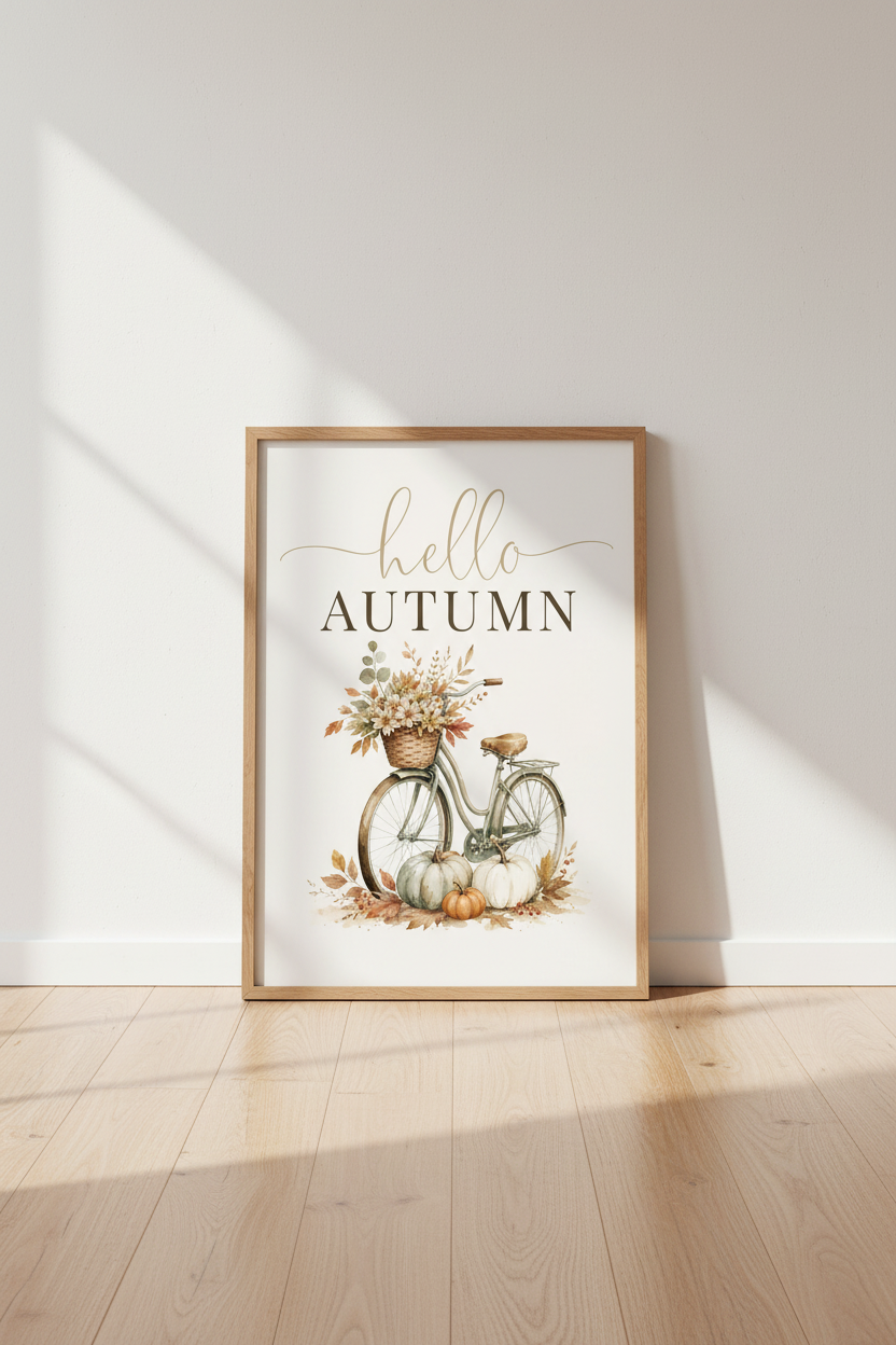 Hello Autumn Bicycle Wall Art | Fall Pumpkin Decor, Watercolor Farmhouse Poster