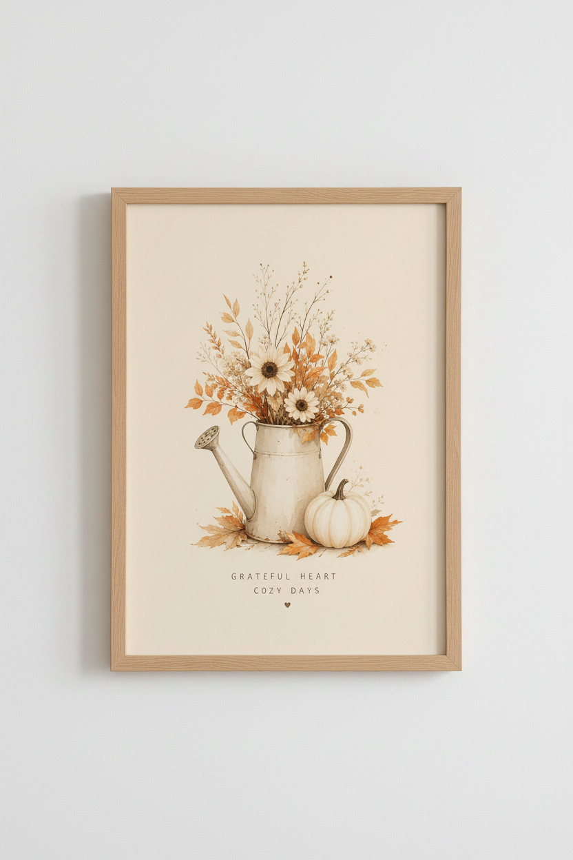 Autumn Floral Watering Can Wall Art | Neutral Fall Decor | Farmhouse Poster