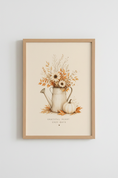 Autumn Floral Watering Can Wall Art | Neutral Fall Decor | Farmhouse Poster