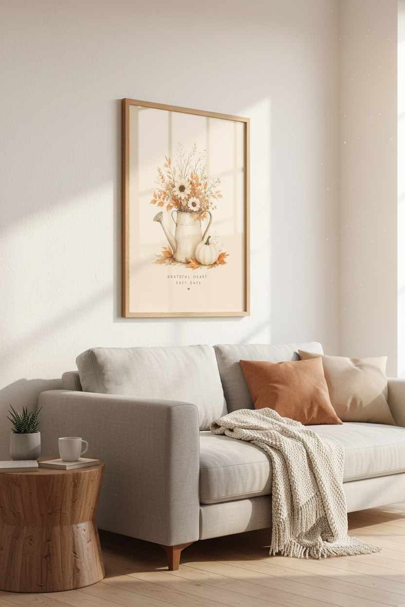 Autumn Floral Watering Can Wall Art | Neutral Fall Decor | Farmhouse Poster