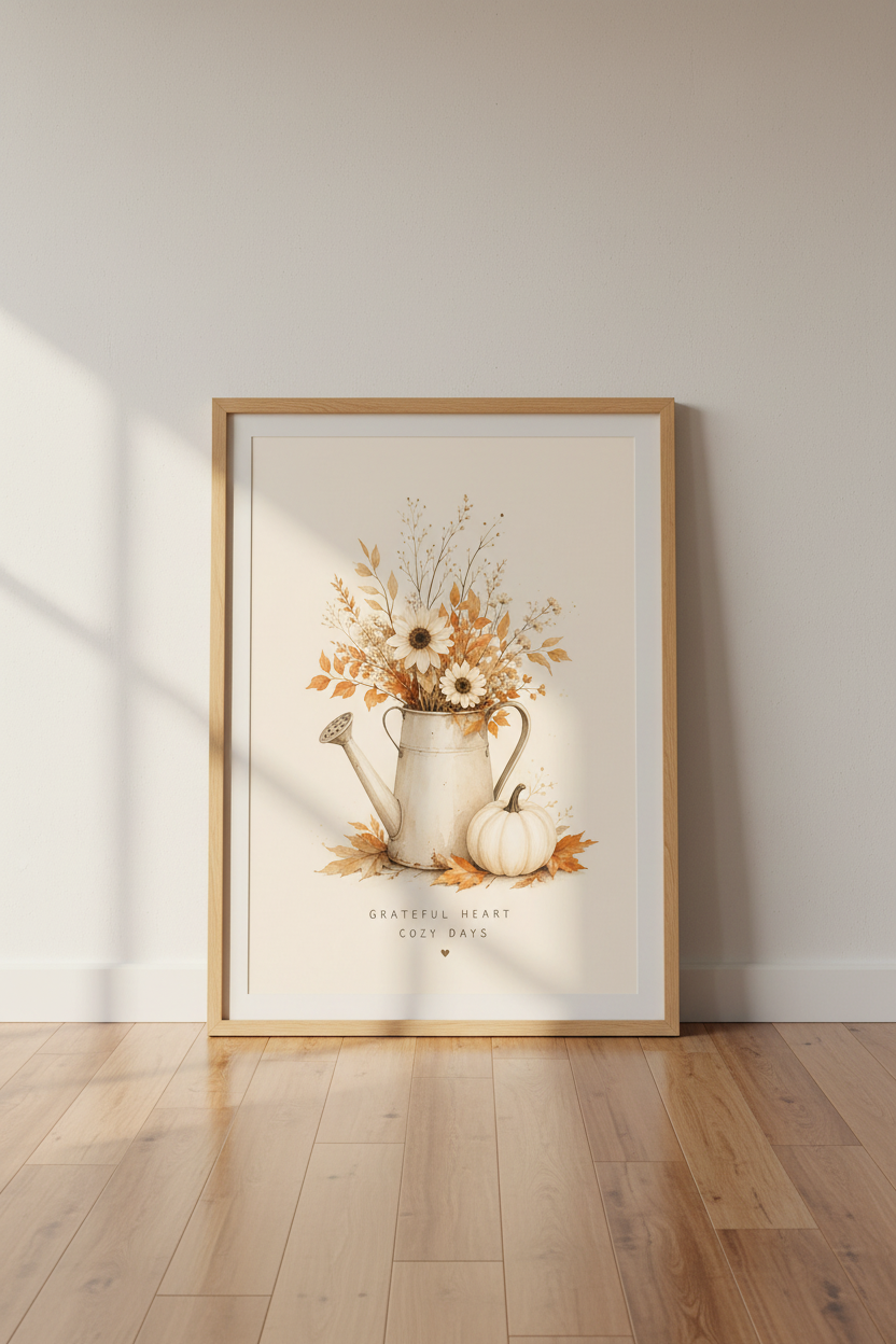 Autumn Floral Watering Can Wall Art | Neutral Fall Decor | Farmhouse Poster
