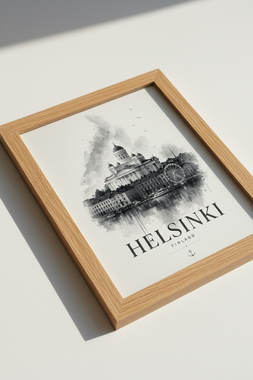 Helsinki Finland Print | Black &amp; White Watercolor Travel Poster, Minimalist Wall Art