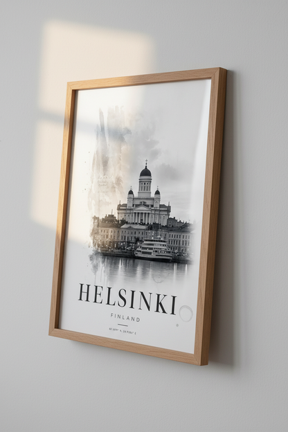 Helsinki Cathedral | Black &amp; White Watercolor Travel Poster, Finland Home Decor