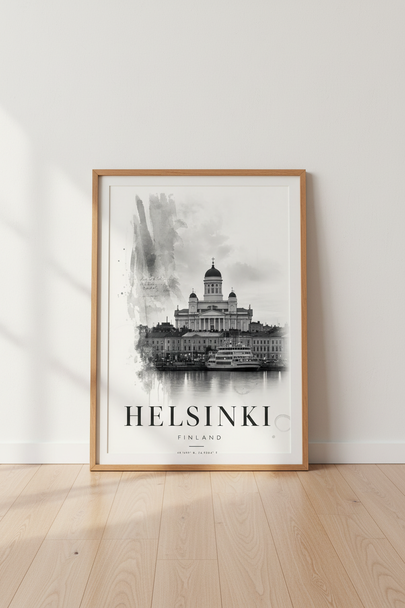 Helsinki Cathedral | Black &amp; White Watercolor Travel Poster, Finland Home Decor
