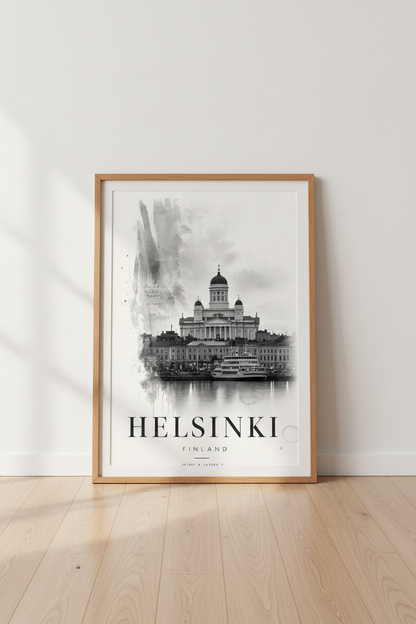Helsinki Cathedral | Black &amp; White Watercolor Travel Poster, Finland Home Decor