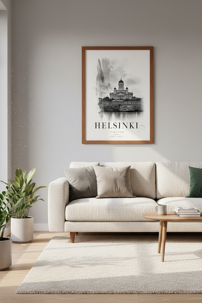 Helsinki Cathedral | Black &amp; White Watercolor Travel Poster, Finland Home Decor