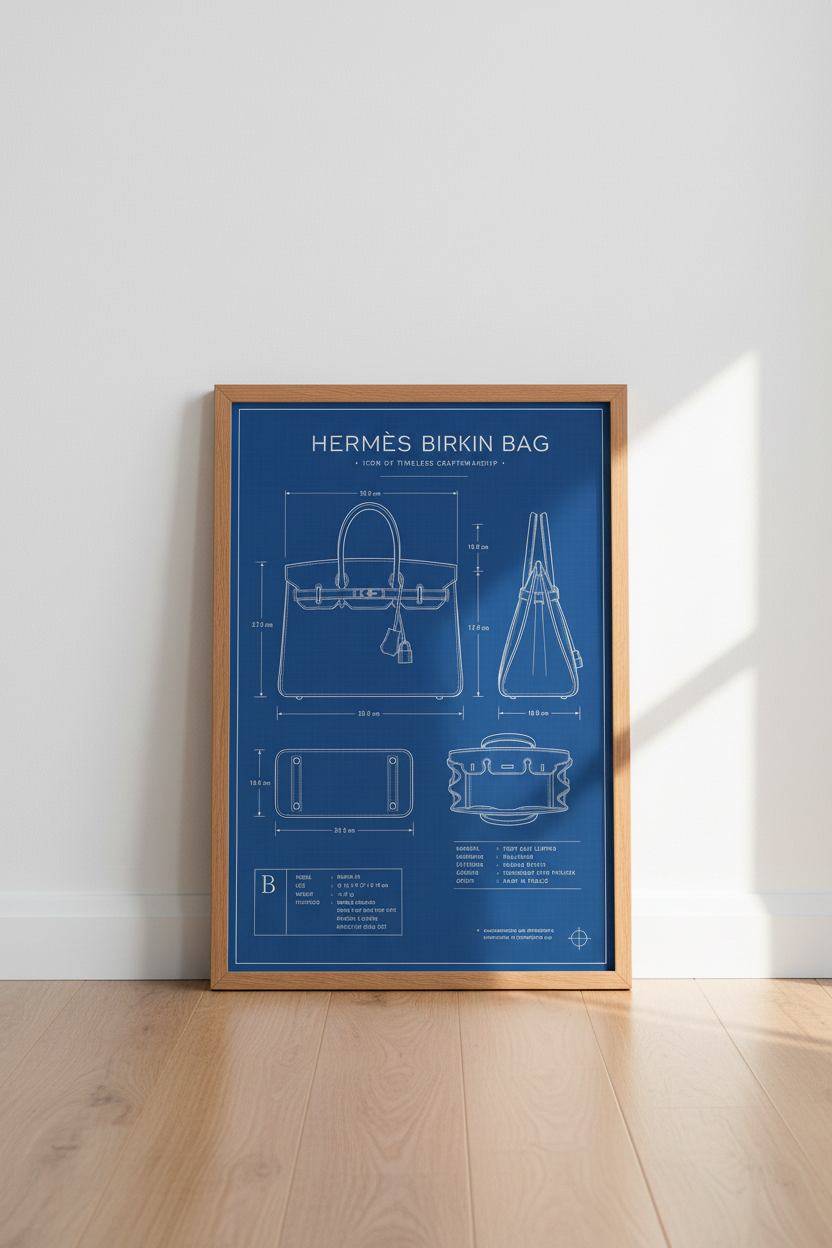 Birkin Bag Blueprint Wall Art | Luxury Fashion Poster, Minimalist Closet Decor