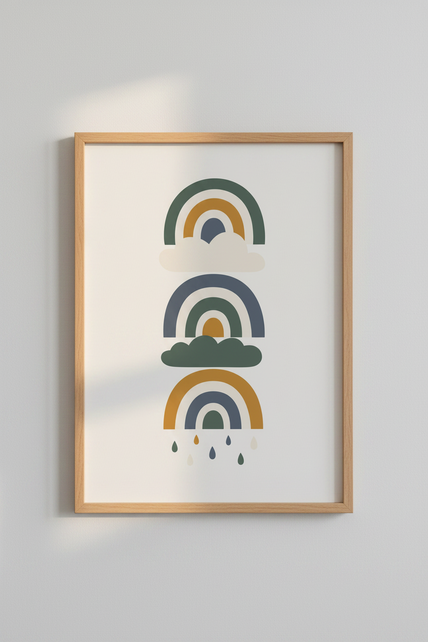 Boho Rainbow &amp; Clouds Wall Art Print | Nursery Decor | Earth Tone Poster