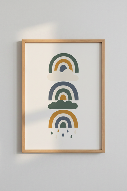Boho Rainbow &amp; Clouds Wall Art Print | Nursery Decor | Earth Tone Poster