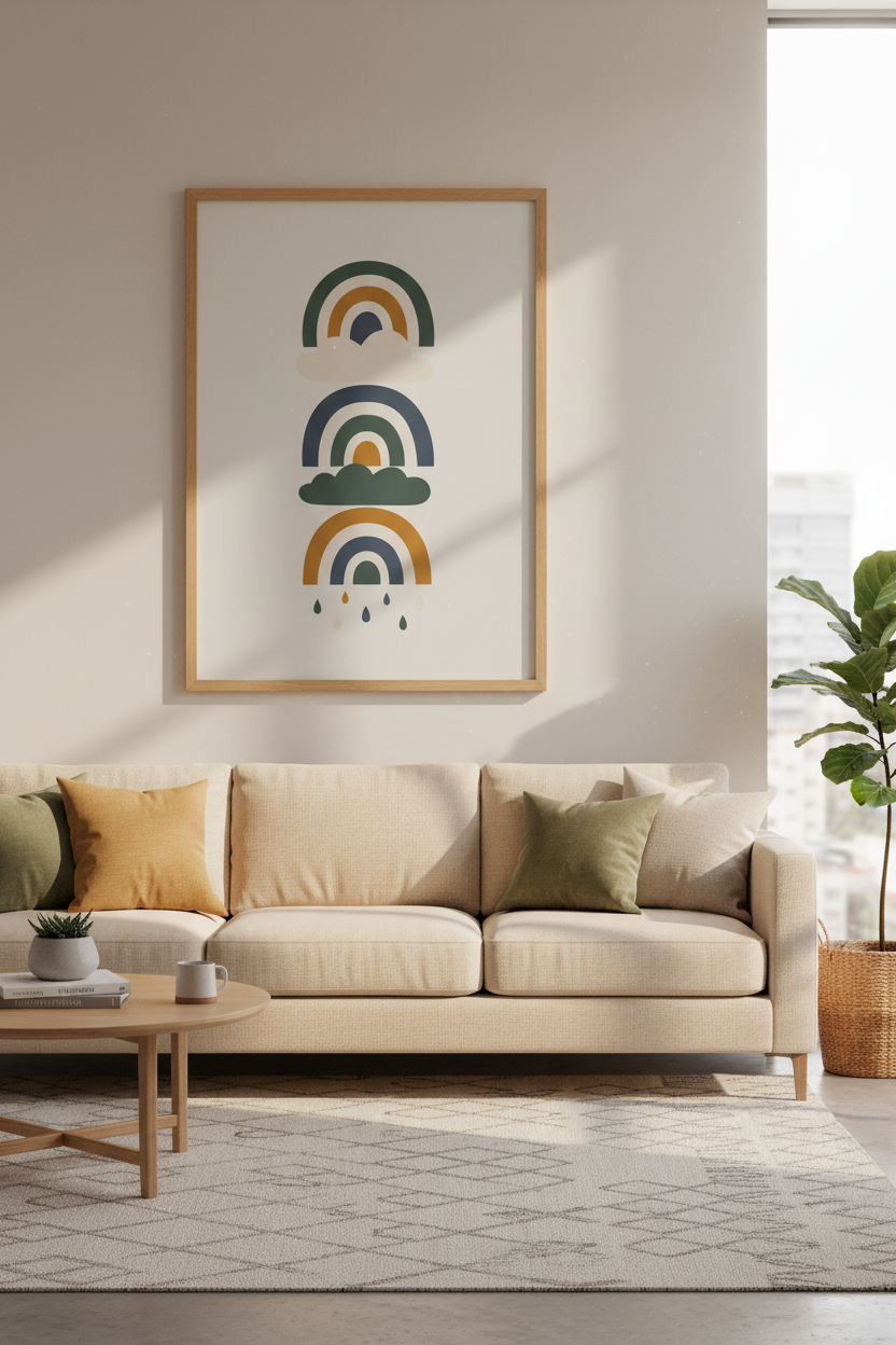 Boho Rainbow &amp; Clouds Wall Art Print | Nursery Decor | Earth Tone Poster