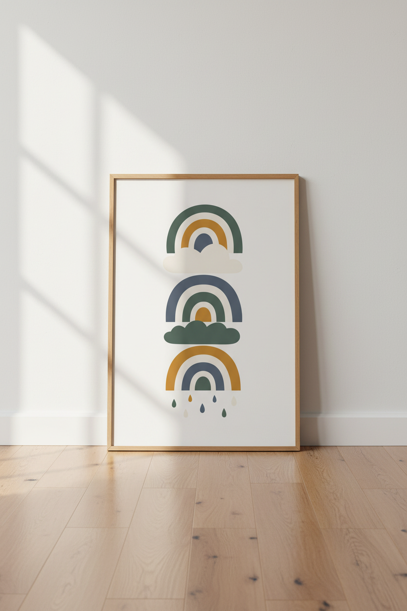Boho Rainbow &amp; Clouds Wall Art Print | Nursery Decor | Earth Tone Poster