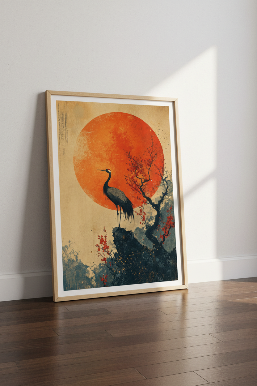 Japanese Crane &amp; Sun Wall Art | Vintage Ukiyo-e Style Print | Zen Home Decor
