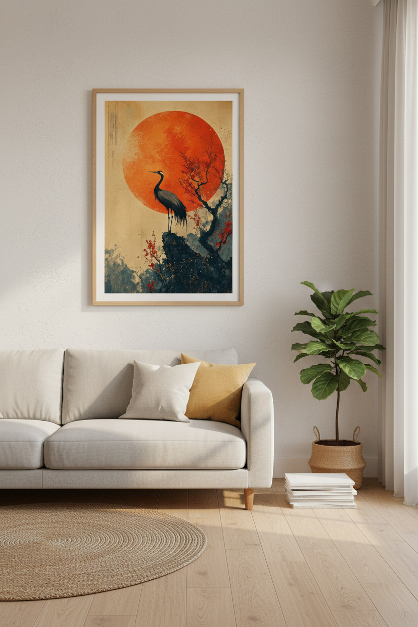Japanese Crane &amp; Sun Wall Art | Vintage Ukiyo-e Style Print | Zen Home Decor