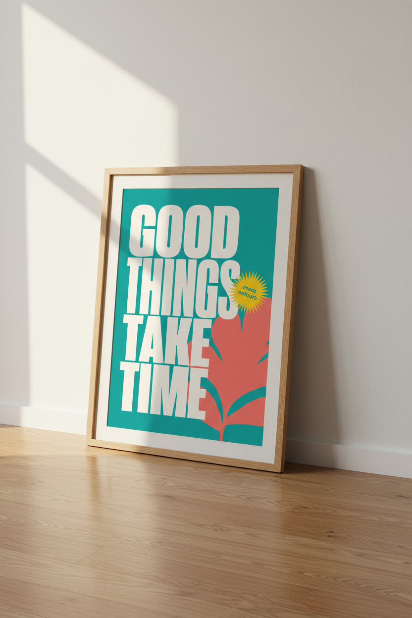 Good Things Take Time | Teal Pink Poster, Retro Motivational Office Wall Art