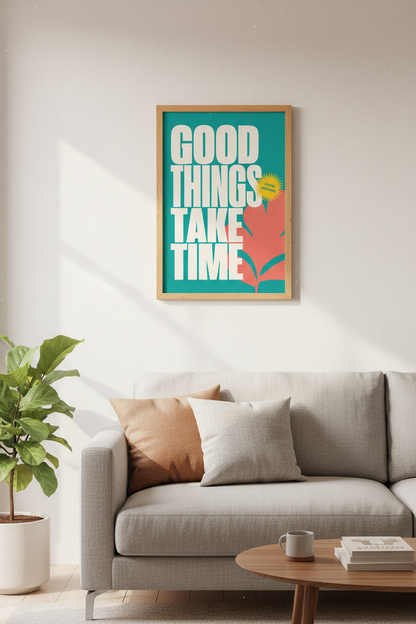 Good Things Take Time | Teal Pink Poster, Retro Motivational Office Wall Art