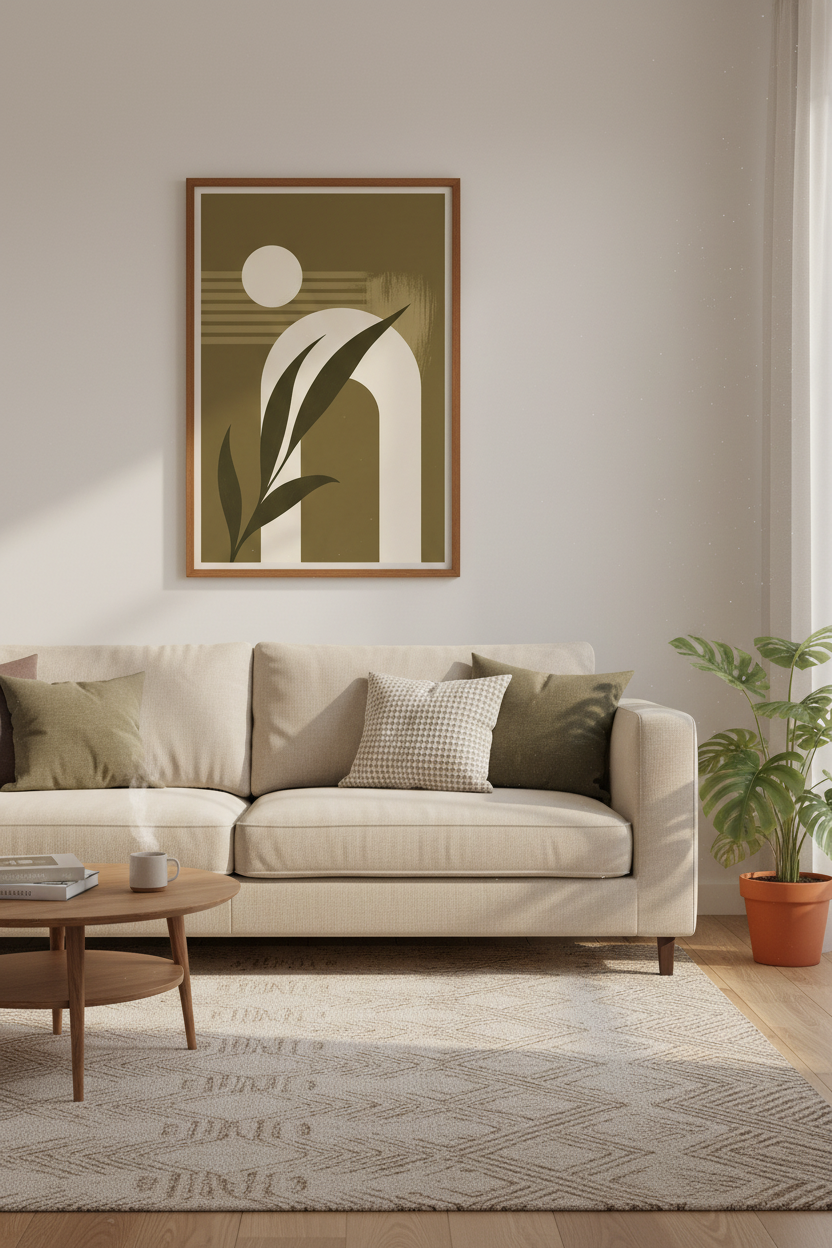 Abstract Botanical Arch Wall Art | Sage Green &amp; Cream, Living Room Decor Boho Poster