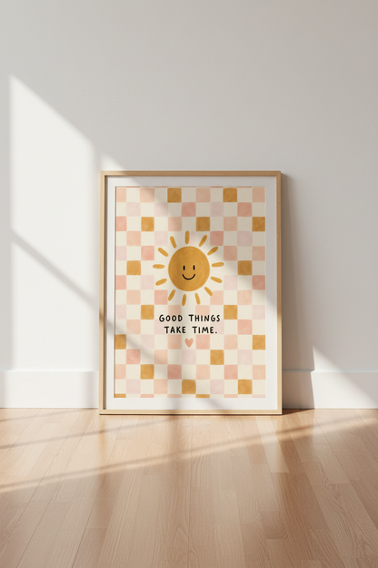 Smiling Sun Quote | Retro Pink Checkered, Nursery &amp; Bedroom Decor Poster
