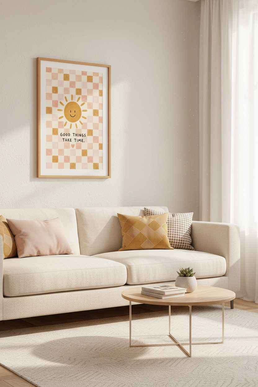 Smiling Sun Quote | Retro Pink Checkered, Nursery &amp; Bedroom Decor Poster
