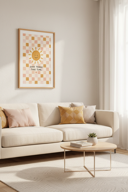 Smiling Sun Quote | Retro Pink Checkered, Nursery &amp; Bedroom Decor Poster