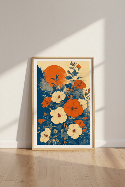 Japanese Hibiscus Wall Art | Orange &amp; Navy Botanical Print, Living Room Decor