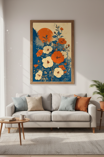 Japanese Hibiscus Wall Art | Orange &amp; Navy Botanical Print, Living Room Decor