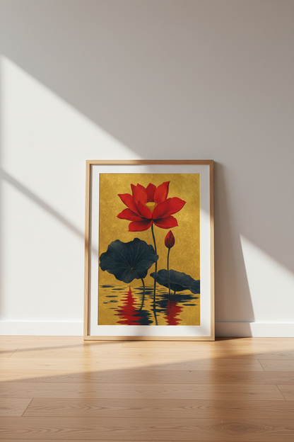 Red Lotus Flower Wall Art | Gold Zen Botanical Print, Luxury Living Room Decor