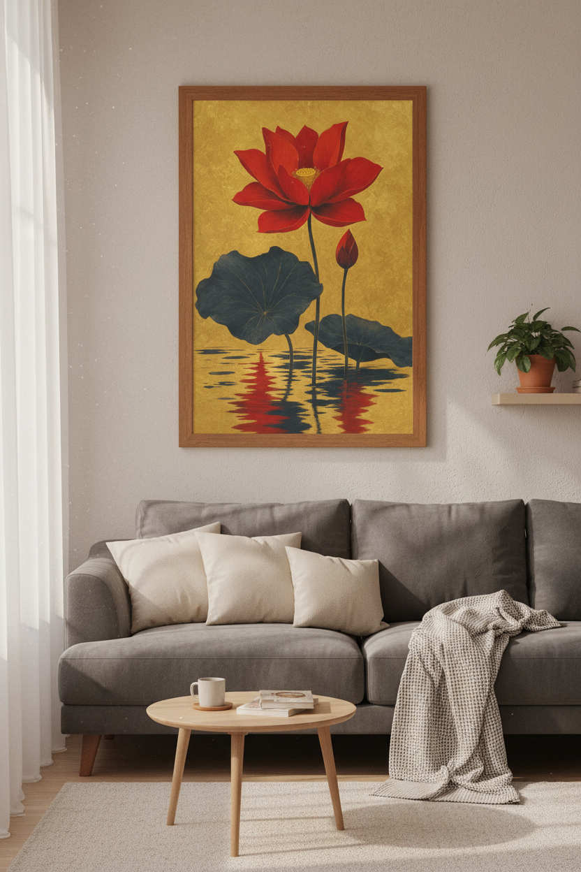 Red Lotus Flower Wall Art | Gold Zen Botanical Print, Luxury Living Room Decor